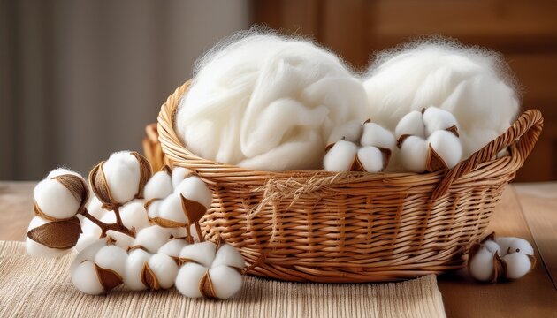 natural organic cotton bolls and soft white felt wool balls in woven basket for textiles and natural craft design supplies