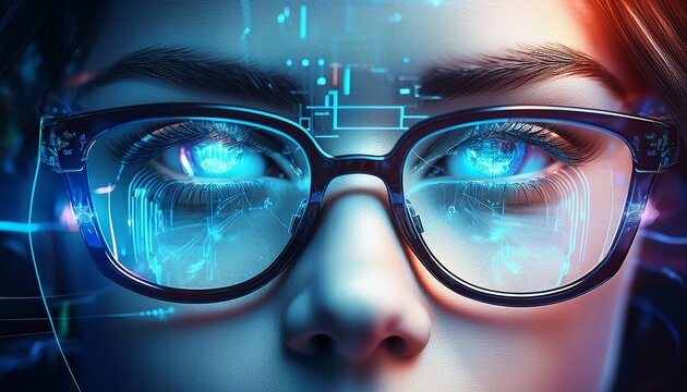 close up of eyes and glasses with computer monitor reflection cyber security concept ai generative