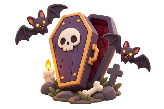3D Coffin with Bats Illustration on Transparent Background