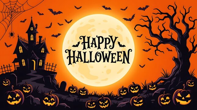 A spooky and delightful halloween scene with a full moon bats and jack o' lanterns