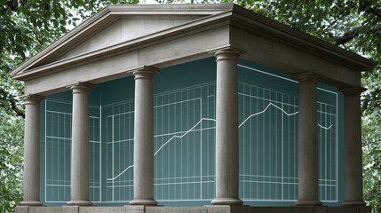Fototapeta premium Classical Greek Temple Structure Symbolizing Financial Growth and Economic Stability Amidst Nature