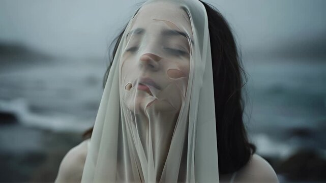 close-up of a Caucasian woman covered in a semi-sheer torn white veil against a foggy, dramatic sea background with soft blurred waves crashing on rocks