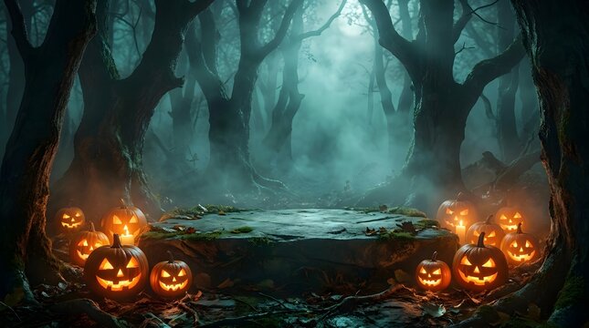 A spooky halloween night scene featuring glowing jack o' lanterns and a mysterious foggy forest backdrop