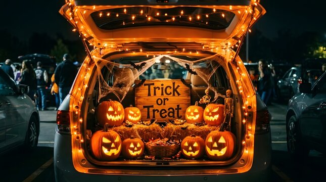 A vibrant halloween display featuring a creatively decorated vehicle with numerous illuminated jack o' lanterns and spooky figures