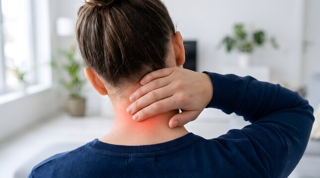 Young woman suffering from chronic neck pain and cervical tension holding her hand on sore muscle area at home
