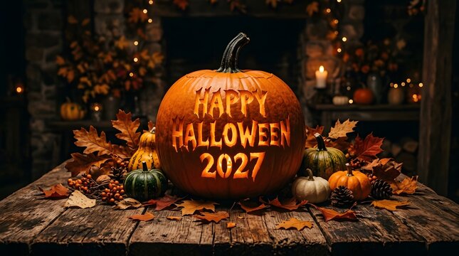 A beautifully decorated halloween scene featuring a glowing pumpkin and festive autumn elements for 2027