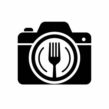 Camera lens icon with fork and plate symbol.