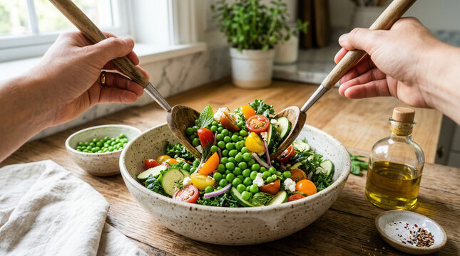 Close Up Of Hands Tossing Fresh Garden Salad With Wooden Utensils