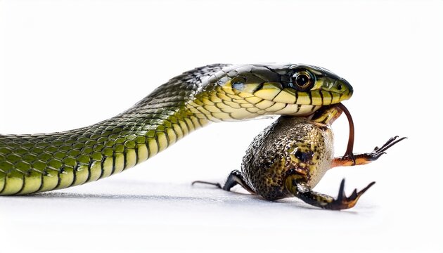 close up of a grass snake natrix natrix swallowing a frog isolated on white background
