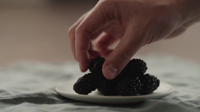 Slow motion man hand put fresh ripe blackberry on a white saucer