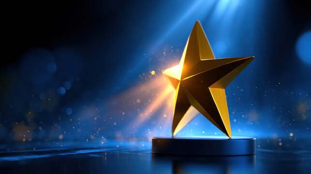A golden star trophy glows onstage with dramatic spotlight and abstract bokeh in deep blues