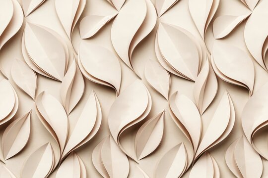 A dense, repeating pattern of layered beige paper leaves creating a three-dimensional effect with soft shadows on a light, neutral background surface
