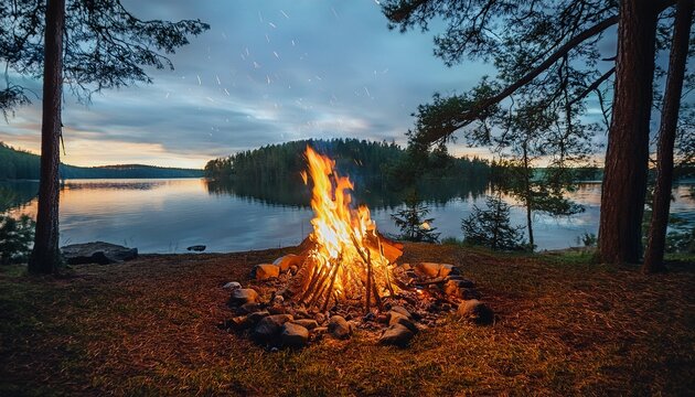 campfire in the forest near the lake