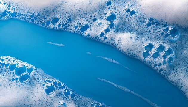 close up lush white detergent foam washing foam top view horizontal banner for a cleaning company or laundry poster abstract blue background copy space free space for text