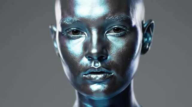 Metallic blue human head bust with chrome finish.