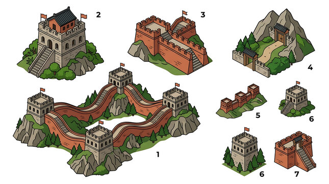 Isometric Pixel Art Collection of Ancient Chinese Great Wall Fortifications and Watchtowers Set Against Mountainous Landscapes