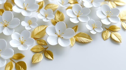 Fototapeta premium Elegant white and gold flowers with intricate petals and metallic leaves on a soft background