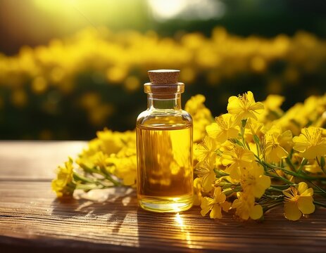a small transparent glass bottle of camelina oil on a wooden table a bouquet of fresh yellow flowers eco friendly medicinal solution natural background sunny day