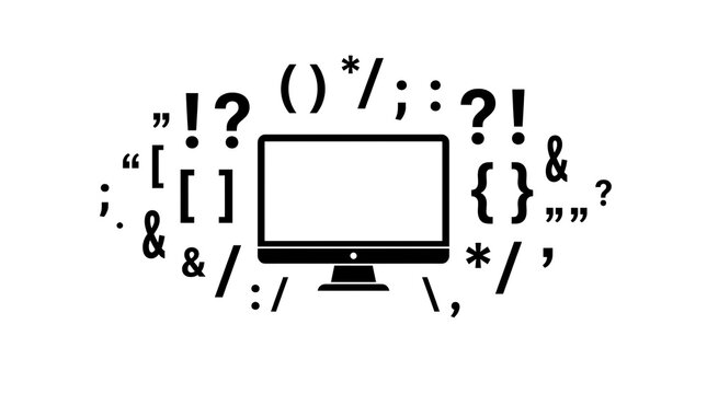 Computer monitor icon surrounded by various punctuation marks and programming symbols