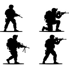 Fototapeta premium Military soldier silhouettes set, tactical infantry army figures with rifles, black combat warrior vector icons for war games