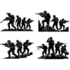 Fototapeta premium Military soldier silhouettes set, tactical army infantry vector collection, black war combat figures for gaming and design