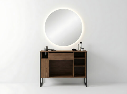 Modern wooden vanity table with round led mirror isolated on white background