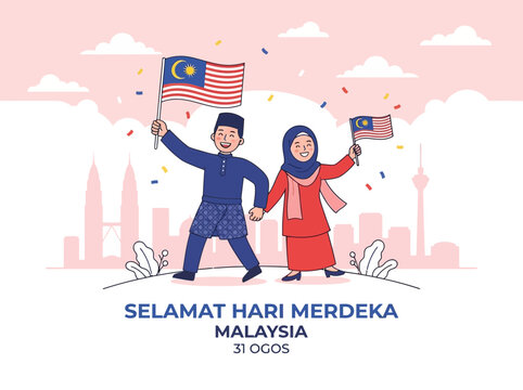 Illustration of a Malaysian couple in traditional attire celebrating Merdeka Day with flags and confetti against a city skyline.