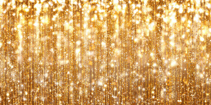 golden glitter curtain shimmers in bokeh glow as luxury holiday backdrop for festive banner, invitation and web design
