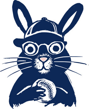 Linocut Style Rabbit Baseball Player Wearing Cap and Glasses Illustration