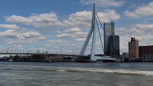 Gimbal Dolly View of Erasmus Bridge from Boat on River Maas