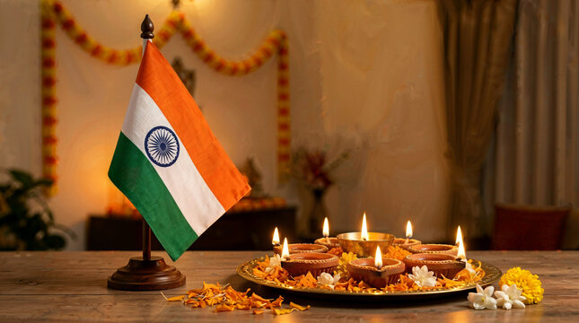 Indian flag with diya lamps and flower decoration for Diwali celebration  