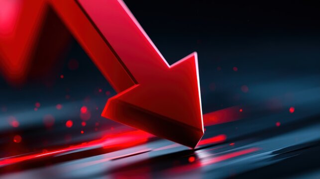 A dynamic red arrow pointing downward overlays a dark, blurred background with scattered red highlights