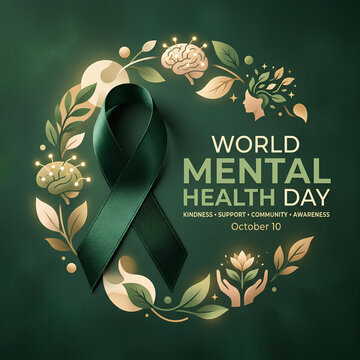Green ribbon and brain icon mental health day graphic