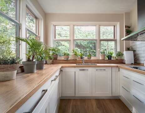 sleek galley kitchen featuring wooden counters white cabinets large windows green plants and a cozy window nook