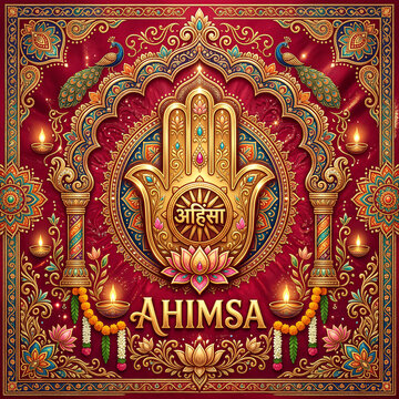 Gold Hamsa hand with Ahimsa text on ornate red background