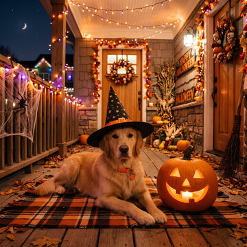 Golden Retriever dog wearing witch hat with Halloween pumpkin.