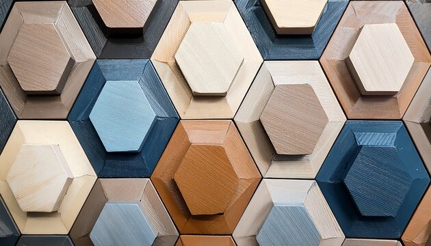 close up muted hexagon tiles with textures in shades of beige brown gray and blue some elevated