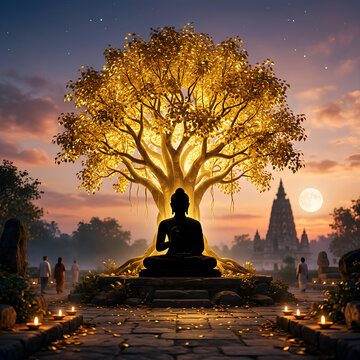 Golden Buddha statue meditating under illuminated tree at dusk.