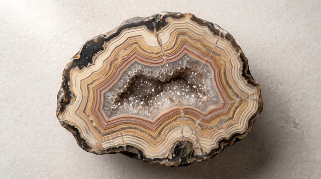 Cross section of a agate geode with banded crystal interior, gemstone