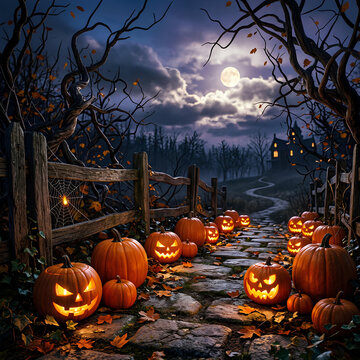 Glowing pumpkins lining path to haunted house