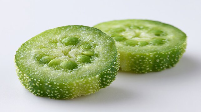 Sliced green fruit reveals internal seeds against a plain background.