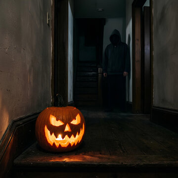 Glowing jack-o'-lantern in a dark haunted hallway.