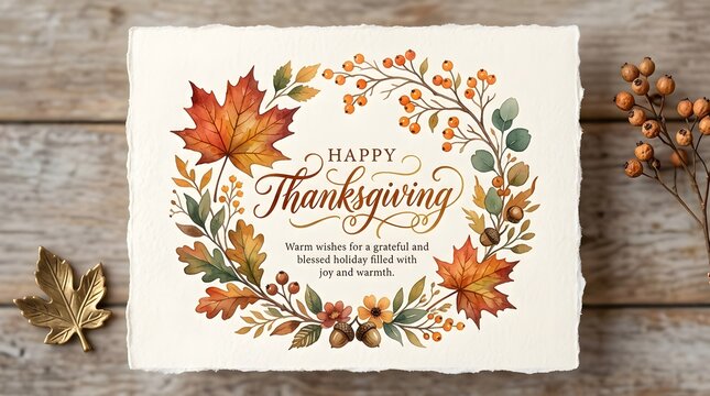 Happy Thanksgiving greeting card with watercolor autumn leaf wreath on rustic wood background
