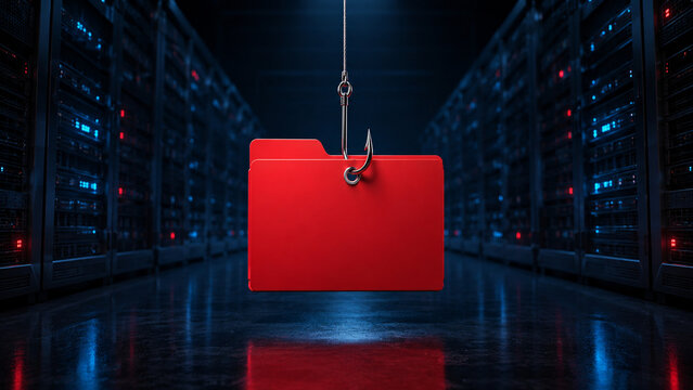Red file folder caught by a fishing hook in a data center aisle, symbolizing targeted data theft, cyber risk, and enterprise information security