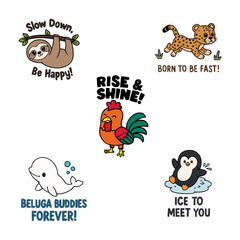 Fototapeta premium Playful Animal Quote Illustrations Featuring Sloth, Leopard, Rooster, Beluga and Penguin