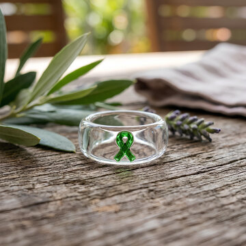 Glass ring with green ribbon on wooden surface.