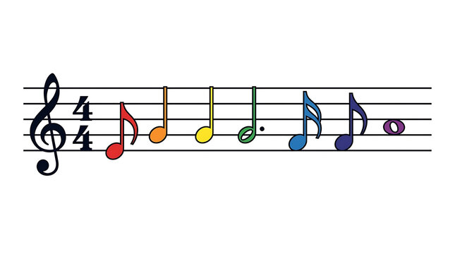 Musical Notation with Colorful Notes on a Staff Representing a Melody
