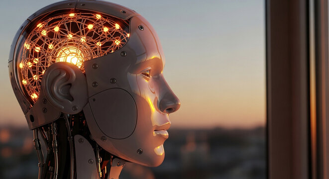Close-up of a futuristic robot head with glowing internal circuitry, looking thoughtfully towards a warm sunset or sunrise sky, symbolizing artificial intelligence and innovation.