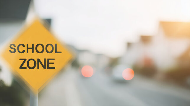 school zone sign warning over calm bokeh autumn street with departing bus for child safety campaign, web design, poster
