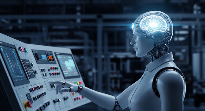 A humanoid robot with an illuminated brain operating a complex control panel in a futuristic industrial environment, symbolizing artificial intelligence and automation.